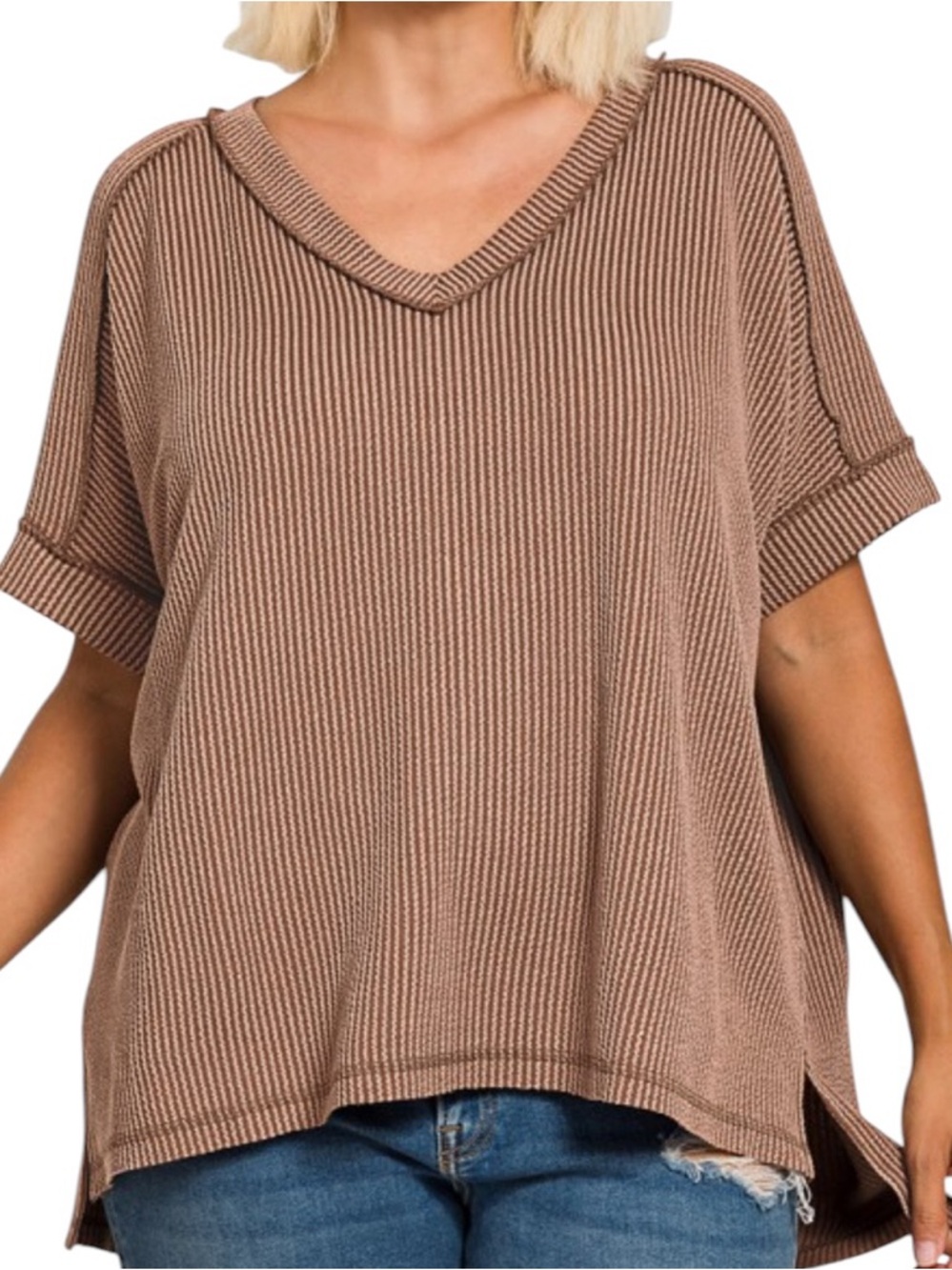 582. Plus Brown Stretchy Ribbed V-Neck High-Low Short Sleeve Top NEW